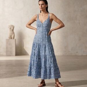 Ralph Lauren Linen Drop Waist Sleeveless Maxi Dress Blue Sand Dollar Print